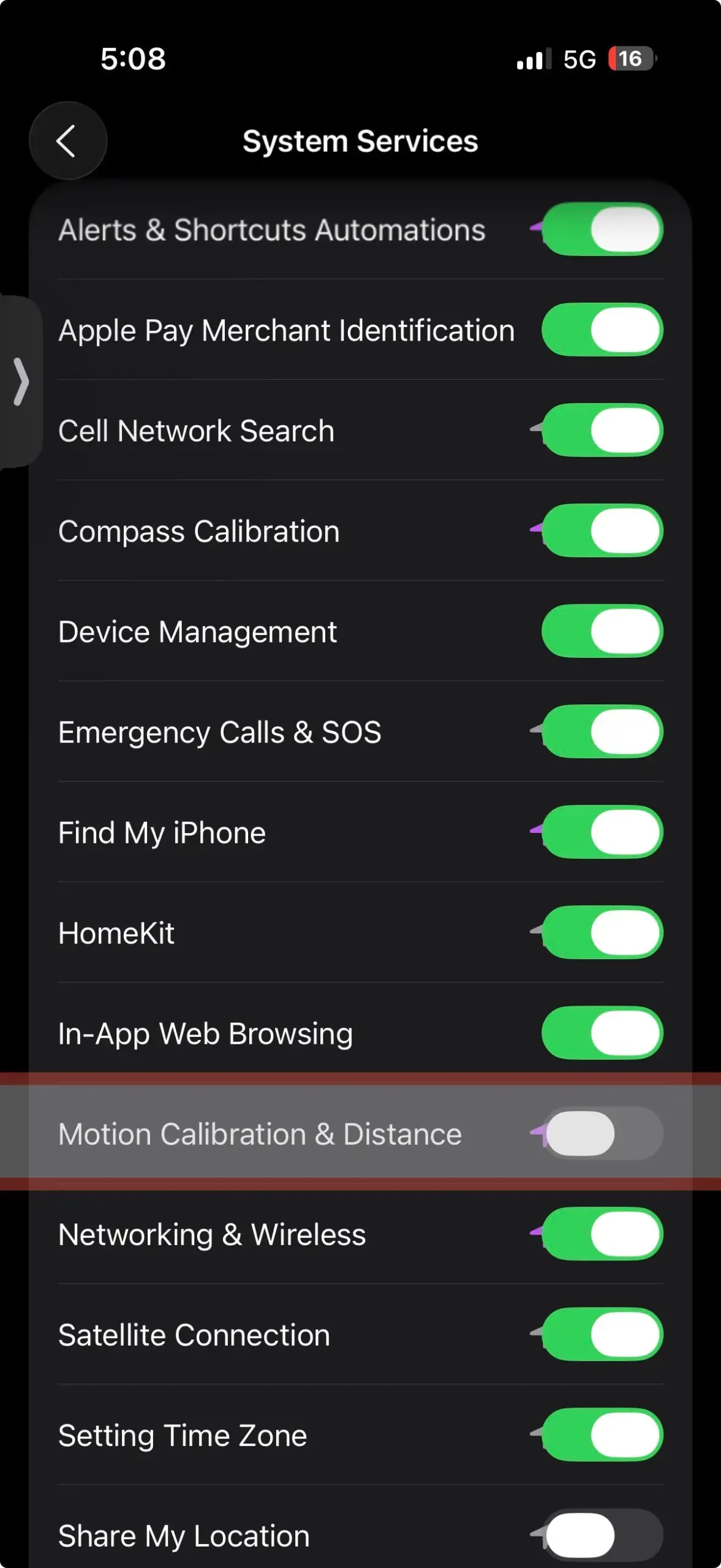 iPhone System Services screen showing “Motion Calibration & Distance” turned off, disabling motion-based tracking features.