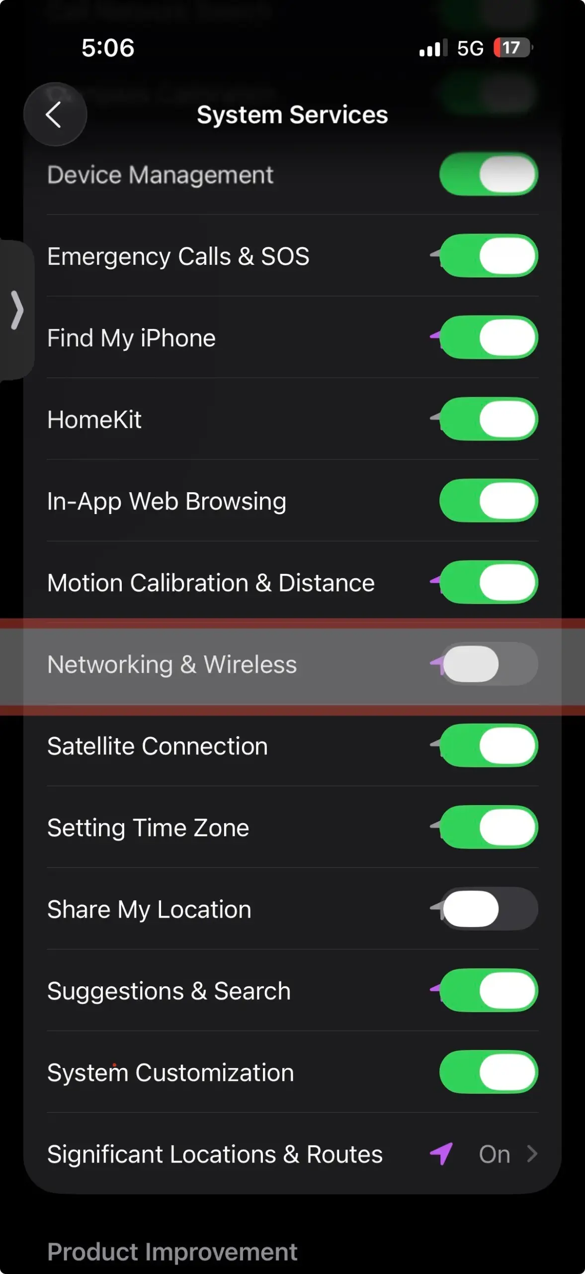 iPhone System Services screen with “Networking & Wireless” setting turned off, reducing passive scanning for nearby networks and devices.