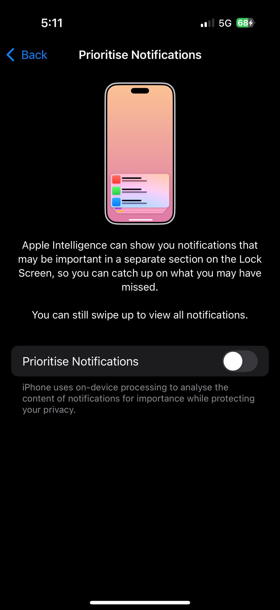Beyond the Hype: iOS 18.4's Subtle and Meaningful Upgrades 2 iPhone screen showing the Prioritise Notifications feature with Apple Intelligence enabled for smarter lock screen alerts.