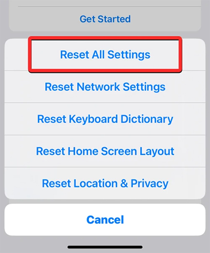 Screenshot of iPhone settings menu showing the “Reset All Settings” option highlighted, as part of Step 9: Reset All Settings.