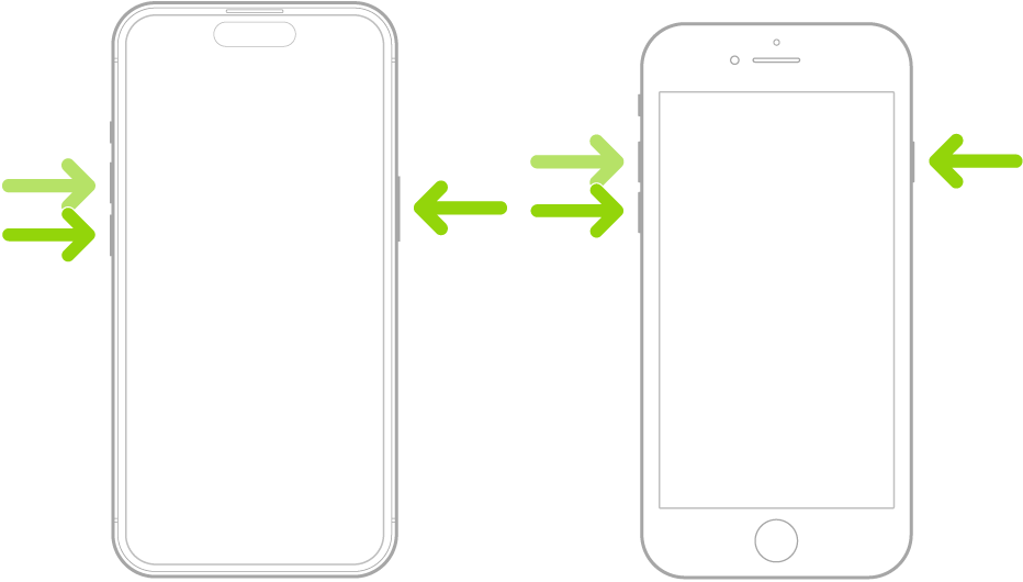 iPhone Not Charging Problem: 9 Quick Steps to Fix It Fast 6 Diagram showing button locations on two iPhone models with green arrows, illustrating Step 3: Give Your iPhone a Force Restart.