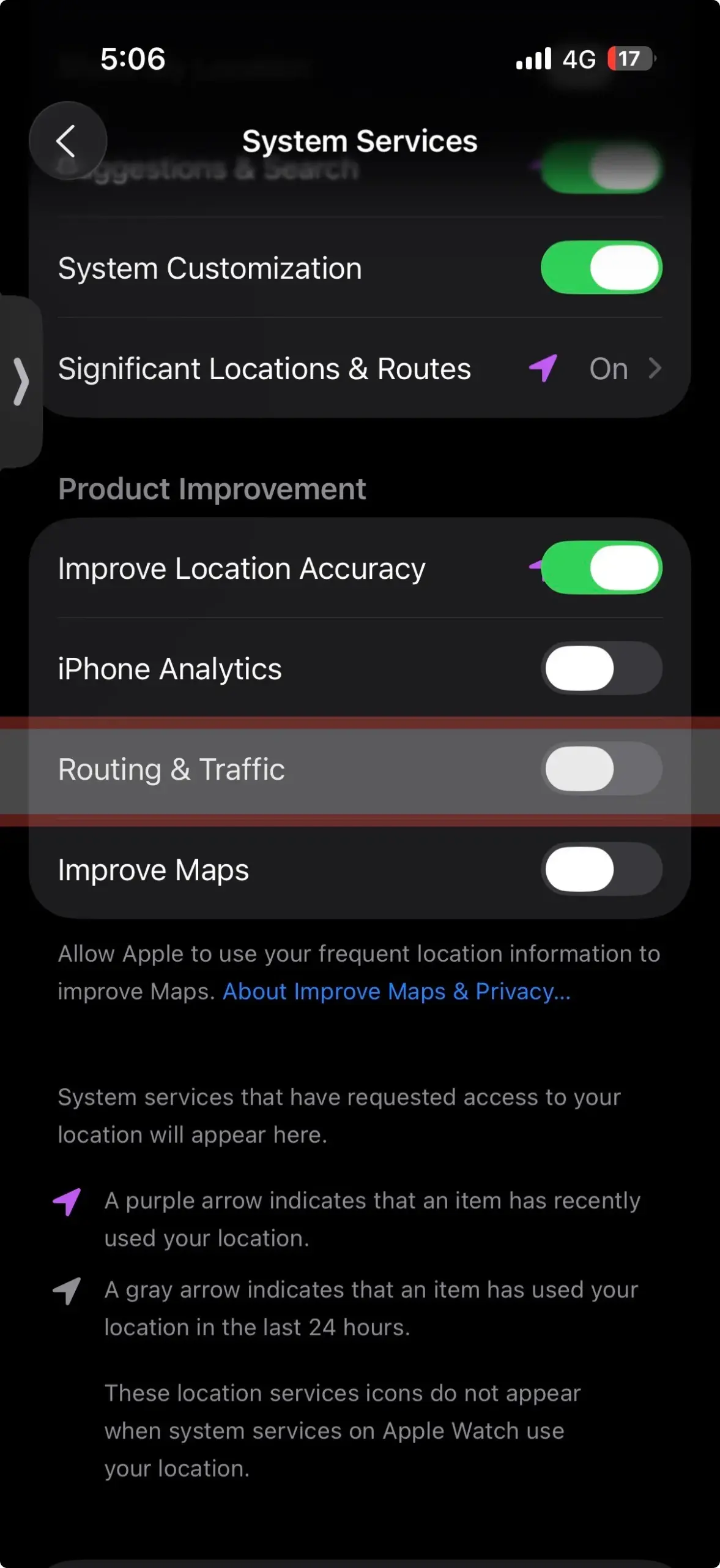 iPhone System Services screen with “Routing & Traffic” setting turned off to limit background location usage for navigation data.