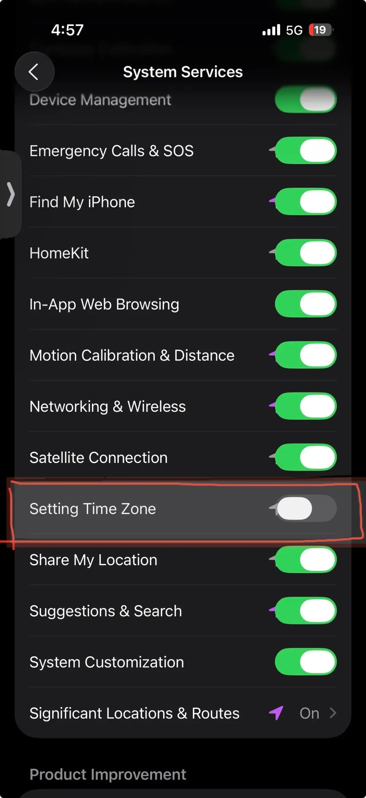 Ultimate Guide: iPhone System Services You Should Turn Off (And Why) 5 iPhone System Services screen showing various toggles, with "Setting Time Zone" highlighted and switched off for privacy control.