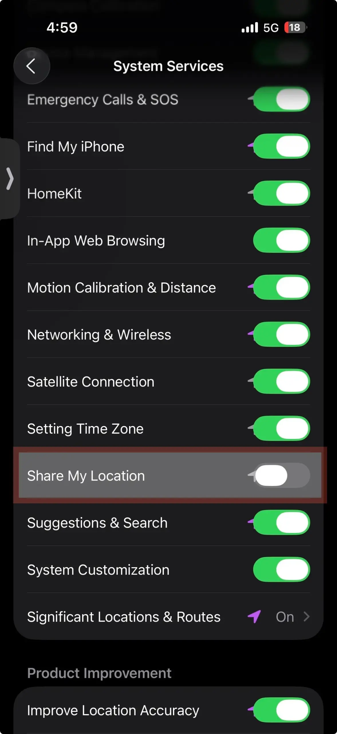 Ultimate Guide: iPhone System Services You Should Turn Off (And Why) 6 iPhone System Services screen with the "Share My Location" setting highlighted and switched off to enhance location privacy.
