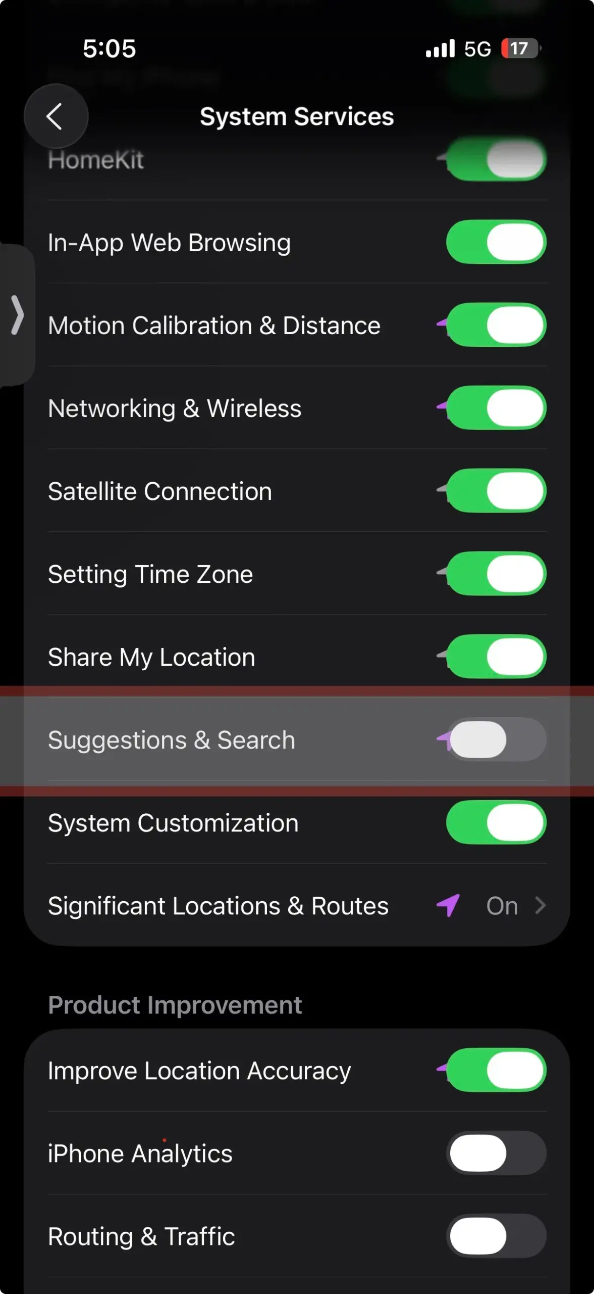 Ultimate Guide: iPhone System Services You Should Turn Off (And Why) 8 iPhone System Services screen highlighting "Suggestions & Search" turned off to reduce tracking and location-based suggestions.