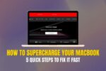 A MacBook displaying a repair website, highlighting services in Auckland under the heading “How to Supercharge Your MacBook Performance.”