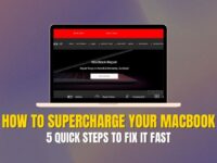 A MacBook displaying a repair website, highlighting services in Auckland under the heading “How to Supercharge Your MacBook Performance.”