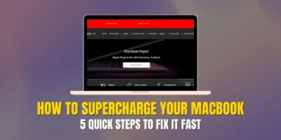 A MacBook displaying a repair website, highlighting services in Auckland under the heading “How to Supercharge Your MacBook Performance.”