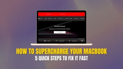 A MacBook displaying a repair website, highlighting services in Auckland under the heading “How to Supercharge Your MacBook Performance.”