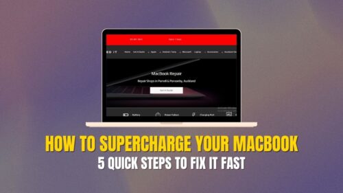 A MacBook displaying a repair website, highlighting services in Auckland under the heading “How to Supercharge Your MacBook Performance.”