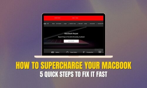 A MacBook displaying a repair website, highlighting services in Auckland under the heading “How to Supercharge Your MacBook Performance.”