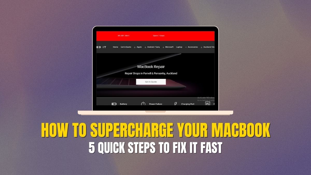 A MacBook displaying a repair website, highlighting services in Auckland under the heading “How to Supercharge Your MacBook Performance.”