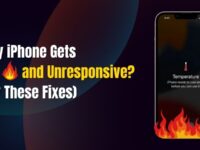 Graphic showing an iPhone with a temperature warning and flames, illustrating why iPhone gets hot and unresponsive.