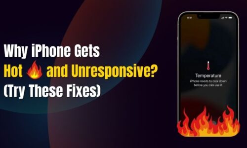 Graphic showing an iPhone with a temperature warning and flames, illustrating why iPhone gets hot and unresponsive.