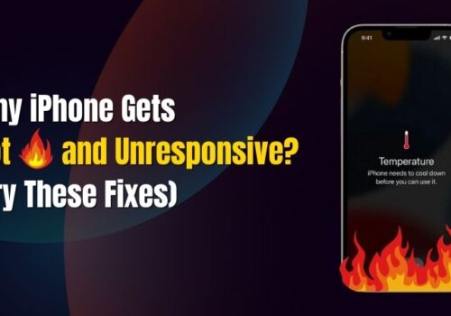 Graphic showing an iPhone with a temperature warning and flames, illustrating why iPhone gets hot and unresponsive.