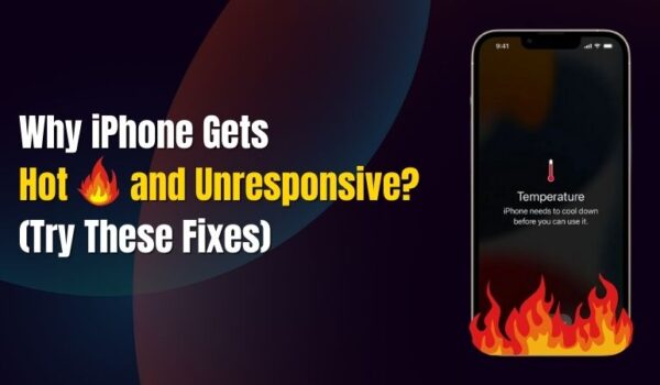 Graphic showing an iPhone with a temperature warning and flames, illustrating why iPhone gets hot and unresponsive.