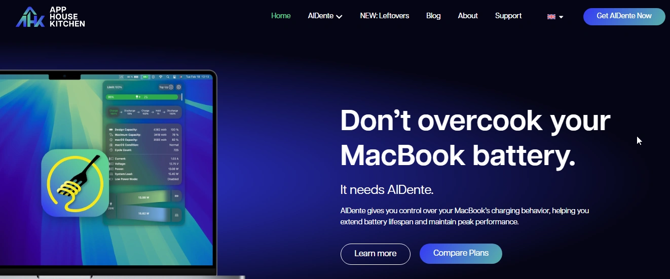 Best Apps to Check MacBook Battery Health (2025) 4 AlDente app interface on a MacBook screen, marketed as the control freak’s dream for managing MacBook battery charging behavior.