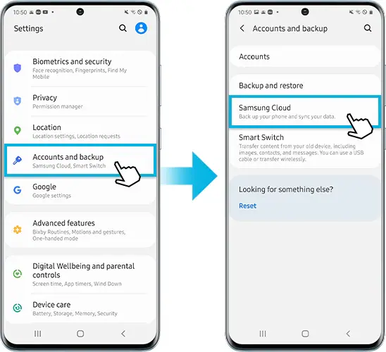Samsung phone screen showing how to back up your data by navigating to “Accounts and backup” and selecting “Samsung Cloud.”