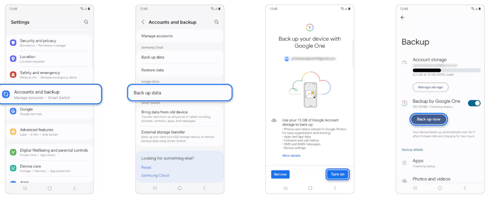 Samsung phone screens showing steps to back up your data using Google One through the “Accounts and backup” settings menu.