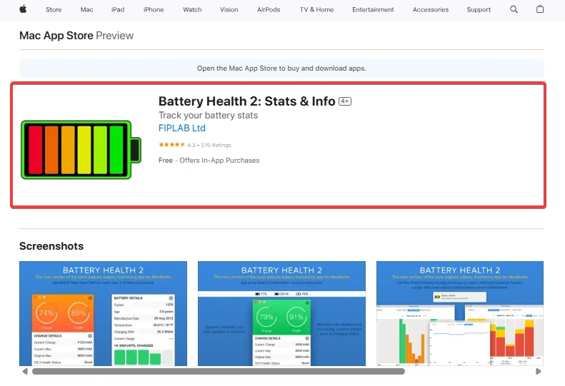 Best Apps to Check MacBook Battery Health (2025) 5 Battery Health 2 app listing in the Mac App Store, showing a colorful battery icon and emphasizing user-friendly battery stats tracking.