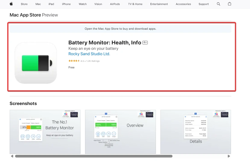 Best Apps to Check MacBook Battery Health (2025) 2 Battery Monitor app listing in the Mac App Store, showcasing the free champion for monitoring battery health and usage information.