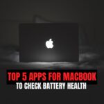 A glowing MacBook in a dark room with bold text overlay reading "Top 5 Apps for MacBook to Check Battery Health."