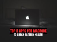 A glowing MacBook in a dark room with bold text overlay reading "Top 5 Apps for MacBook to Check Battery Health."