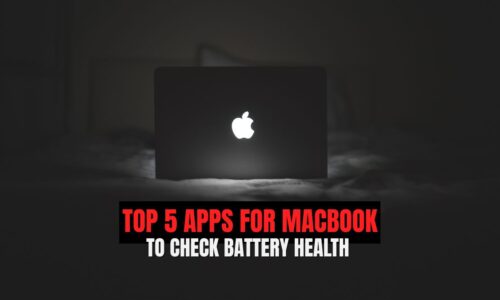 A glowing MacBook in a dark room with bold text overlay reading "Top 5 Apps for MacBook to Check Battery Health."