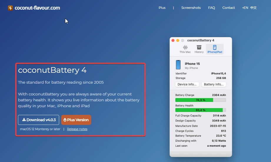 Best Apps to Check MacBook Battery Health (2025) 1 coconutBattery 4 interface showing battery health and charge data for an iPhone 15 under the heading "coconutBattery 4 - The OG Battery Detective.