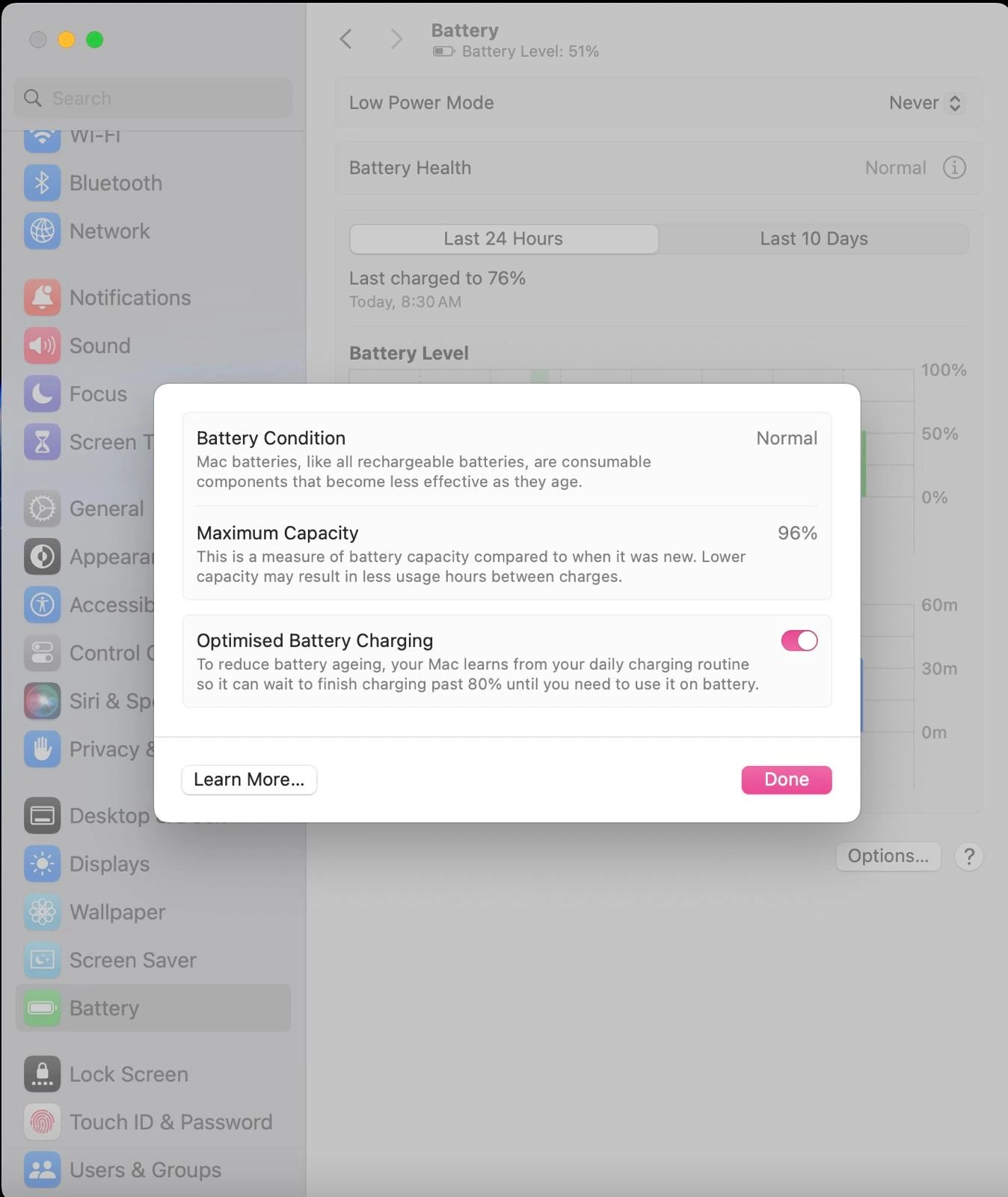 5 Steps To Make Your MacBook Battery Last Longer 2 MacBook Battery settings window showing Optimized Battery Charging enabled to help reduce battery aging and extend lifespan.