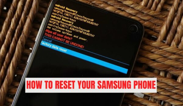 Samsung phone displaying the Android Recovery screen with “factory data reset” highlighted, showing how to reset your Samsung phone manually.