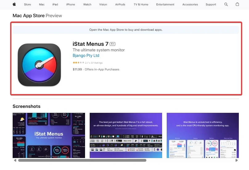 Best Apps to Check MacBook Battery Health (2025) 3 iStat Menus 7 app listing on the Mac App Store, highlighting its role as the Swiss Army Knife of system monitoring tools.