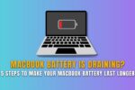 Illustration of a MacBook with a low battery icon on screen, promoting 5 steps to make your MacBook battery last longer.