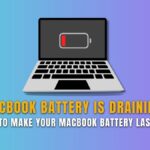 Illustration of a MacBook with a low battery icon on screen, promoting 5 steps to make your MacBook battery last longer.