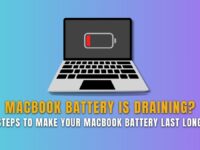 Illustration of a MacBook with a low battery icon on screen, promoting 5 steps to make your MacBook battery last longer.
