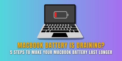 Illustration of a MacBook with a low battery icon on screen, promoting 5 steps to make your MacBook battery last longer.