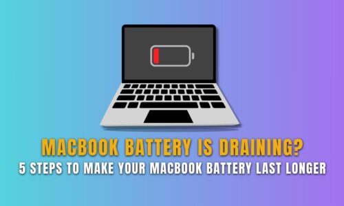 Illustration of a MacBook with a low battery icon on screen, promoting 5 steps to make your MacBook battery last longer.