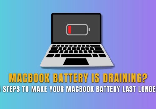 Illustration of a MacBook with a low battery icon on screen, promoting 5 steps to make your MacBook battery last longer.