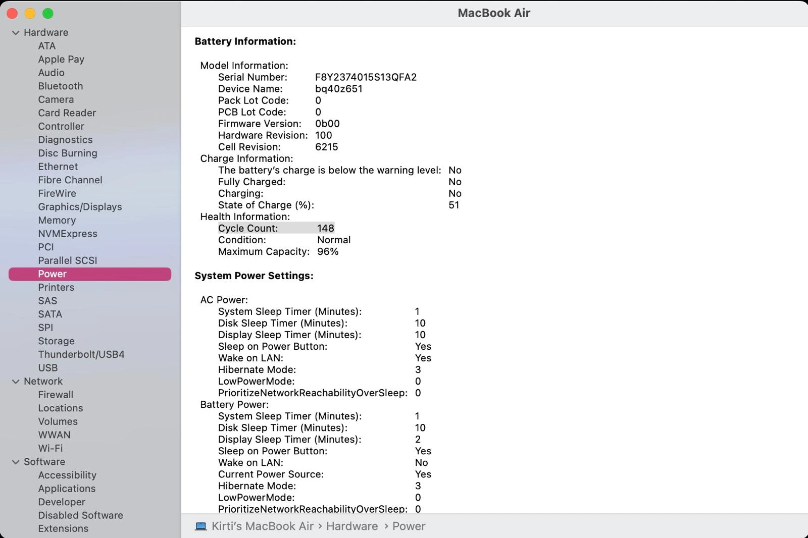 5 Steps To Make Your MacBook Battery Last Longer 1 MacBook System Report showing detailed battery health information, including cycle count, condition, and maximum capacity under the Power section.