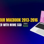 Illustration of a modern laptop with pink screen on a blue-to-red gradient background. Bold yellow and white text reads "Make Your MacBook 2013–2016 10X Faster with NVMe SSD," with a small NVMe SSD icon beneath the text. This image is used as the featured visual for a blog about upgrading MacBooks with NVMe drives.