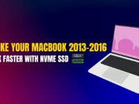 Illustration of a modern laptop with pink screen on a blue-to-red gradient background. Bold yellow and white text reads "Make Your MacBook 2013–2016 10X Faster with NVMe SSD," with a small NVMe SSD icon beneath the text. This image is used as the featured visual for a blog about upgrading MacBooks with NVMe drives.