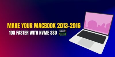 Illustration of a modern laptop with pink screen on a blue-to-red gradient background. Bold yellow and white text reads "Make Your MacBook 2013–2016 10X Faster with NVMe SSD," with a small NVMe SSD icon beneath the text. This image is used as the featured visual for a blog about upgrading MacBooks with NVMe drives.