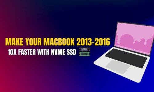 Illustration of a modern laptop with pink screen on a blue-to-red gradient background. Bold yellow and white text reads "Make Your MacBook 2013–2016 10X Faster with NVMe SSD," with a small NVMe SSD icon beneath the text. This image is used as the featured visual for a blog about upgrading MacBooks with NVMe drives.