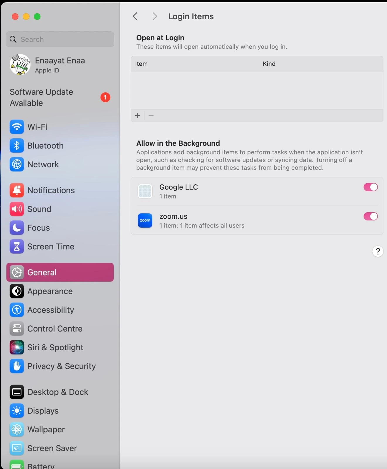 5 Steps To Make Your MacBook Battery Last Longer 5 MacBook Login Items settings showing background processes from Google LLC and Zoom that affect battery and system startup performance.