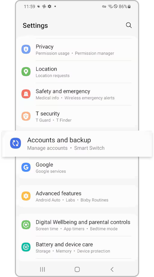 Samsung phone settings screen highlighting “Accounts and backup” to begin the process of removing accounts before a factory reset.