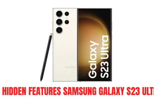 Samsung Galaxy S23 Ultra in cream color with S Pen, highlighting the heading “8 Hidden Features Samsung Galaxy S23 Ultra.”