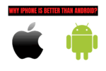 Apple and Android logos side by side under a bold heading that reads "Why iPhone is better than Android?" in red text.
