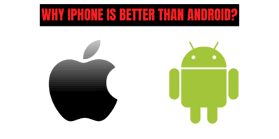 Apple and Android logos side by side under a bold heading that reads "Why iPhone is better than Android?" in red text.