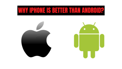 Apple and Android logos side by side under a bold heading that reads "Why iPhone is better than Android?" in red text.