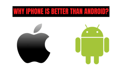 Apple and Android logos side by side under a bold heading that reads "Why iPhone is better than Android?" in red text.